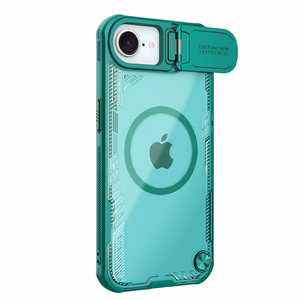 Nillkin Iceblade Prop magnetinis dėklas su kameros dangteliu ir stovu iPhone 16e telefonui - žalias