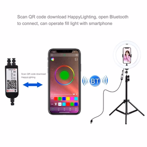 LED žiedinė lempa 26cm, su trikoju stovu iki 1.1m ir telefono laikikliu, USB