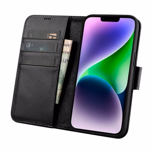iCarer Piniginės dėklas 2in1 viršelis iPhone 14 Plus Anti-RFID odinis atverčiamas dėklas juodas (WMI14220727-BK)