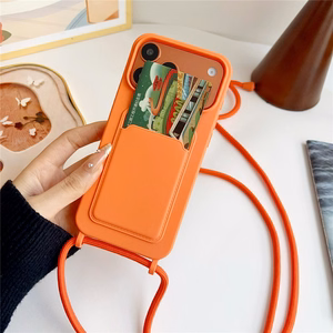 iPhone 17 Pro / 18 Pro Silicone Case with Card Pocket and Crossbody Strap - Orange