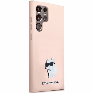 Karl Lagerfeld silikoninis Choupette metalinis smeigtukas dėklas telefonui Samsung Galaxy S23 Ultra - rožinis