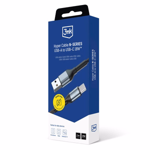 3mk Hyper Cable N-SERIES USB-A / USB-C 2m 9V/2A 18W laidas - juodas