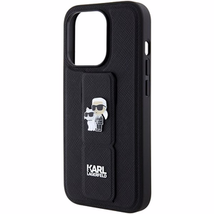 Karl Lagerfeld Gripstand Saffiano Karl&Choupette Pins dėklas telefonui iPhone 15 Pro Max - juodas