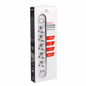 Maclean elektros paskirstytuvas, 5 lizdai + 3xUSB prailginimo laidas, 110–240 V kintama srovė, 50/60 Hz, 2,1 A, maks. 2500 W, 1,5 m, baltas, MCE395 W