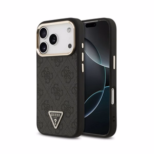Dėklas Guess PU Leather 4G Strass Triangle Logo Gold Frame MagSafe Apple iPhone 18 Pro Max juodas
