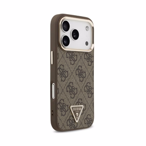 Dėklas Guess PU Leather 4G Strass Triangle Logo Gold Frame MagSafe Apple iPhone 18 Pro Max rudas