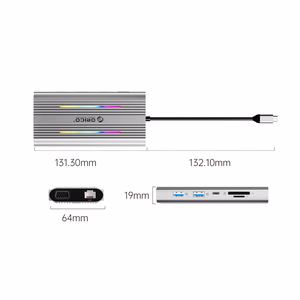 Orico XDR 12 viename RGB USB-C prijungimo stotelė USB-A USB-C PD 100W 2x HDMI 4K 60Hz VGA RJ45 Gigabit SD ir microSD kortelių skaitytuvas - pilka
