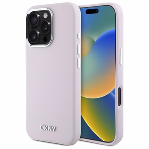 DKNY skystos silikoninės medžiagos dėklas telefonui su mažu metaliniu logotipu magnetinis iPhone 16 Pro - rožinis