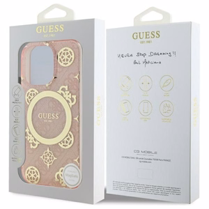 Guess IML Peony On 4G Background Magnetinis dėklas iPhone 16 Pro - rožinis