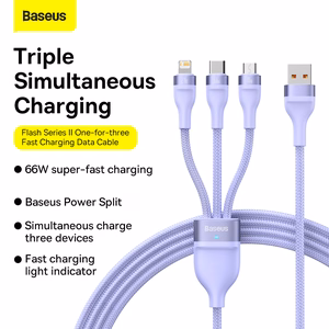Baseus Cable Flash Series II 3 in 1 - USB to Type C, Lightning, Micro USB - 66W 6A 1,2 metres (CASS040005) purple