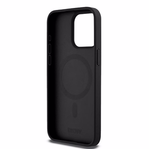 DKNY Odinis monogramos rašto metalinis logotipas Magnetinis dėklas telefonui iPhone 15 Pro Max - juodas