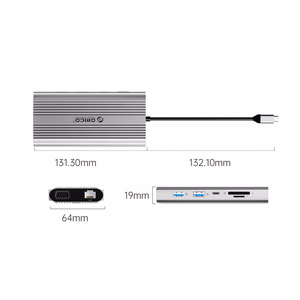 Orico XDR 12 viename USB-C prijungimo stotelė USB-A USB-C HDMI 4K VGA RJ45 Gigabit PD 100W SD ir microSD kortelių skaitytuvas - sidabrinė