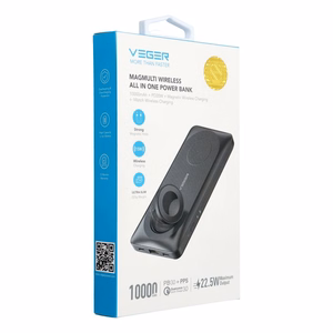 VEGER Išorinė baterija 10000 mAh su belaidžiais įkrovikliais, suderinama su MagSafe PD QC3.0 3A 22,5W MagMulti (W1156) juoda