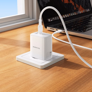 Borofone sieninis įkroviklis BN32 Cargador GaN - USB + 2xType C - QC 3.0 PD 65W su Type C į Type C baltas