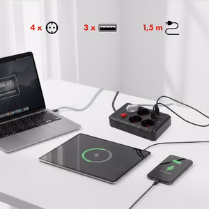 Maclean elektros paskirstytuvas, 4 lizdai + 3xUSB prailginimo laidas, 110–240 V kintama srovė, 50/60 Hz, 2,1 A, maks. 2500 W, 1,5 m, juodas, MCE392 B