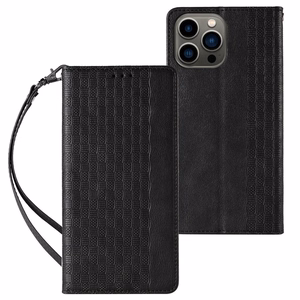 Magnetinis dirželio dėklas telefonui iPhone 14 Pro Max su atverčiamu dangteliu, mini pinigine, stovu ir dirželiu, juoda