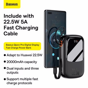 Baseus Qpow Pro 20000mAh išorinė baterija, USB + USB-C, PD 22,5W, su USB-C laidu (PPQD060301), juoda