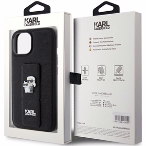 Karl Lagerfeld Gripstand Saffiano Karl&Choupette Pins dėklas telefonui iPhone 15 - juodas
