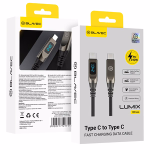 Blavec Lumix плетёный Кабель USB-C на USB-C PD 240 Вт 5A LED дисплей 1,2 м Apple CarPlay Android Auto (CLU-CC5BG12) чёрно-серый