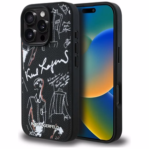 Karl Lagerfeld Grained Pattern & Logo MagSafe Dėklas for iPhone 16 Pro - juodas