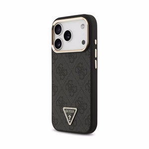 Dėklas Guess PU Leather 4G Strass Triangle Logo Gold Frame MagSafe Apple iPhone 18 Pro juodas