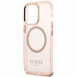 Guess GUHMP13LHTCMP iPhone 13 Pro / 13 6.1" rožinis/rožinis kietas dėklas telefonui su auksiniu kontūru, permatomas Magnetinis MagSafe