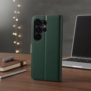 Atverčiamas dėklas Motorola G67 / G77 Split Book, žalias ir auksinis