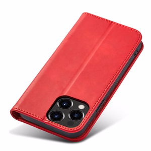 Magnet Fancy Case dėklas telefonui iPhone 14 Plus su flip dangčiu, pinigine ir stovu - raudonos spalvos