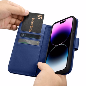 iCarer Piniginės dėklas 2in1 viršelis iPhone 14 Pro Max Anti-RFID odinis atverčiamas dėklas mėlynas (WMI14220728-BU)