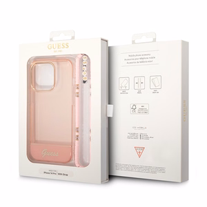 Guess GUHCP14XHGCOHP iPhone 14 Pro Max 6.7" rožinis/rožinis kietas dėklas Translucent Pearl Strap