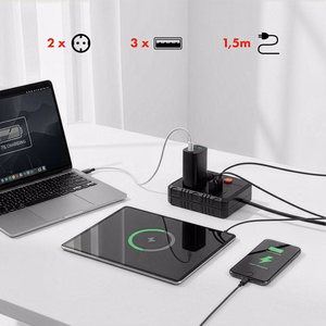 Maclean elektros paskirstytuvas, prailginimo laidas su 2 lizdais + 3xUSB, 110–240 V kintama srovė, 50/60 Hz, 2,1 A, maks. 2500 W, 1,5 m, juodas, MCE387 B