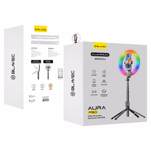 Blavec Selfie žiedo lempa Aluminium Aura LED RGB žiedas P-50 25cm trikojis + nuotolinio valdymo pultas + 2,3 metrai (RLP50-TRB23) juoda