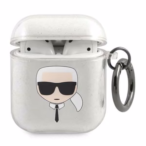 Karl Lagerfeld blizgus Karl's Head dėklas AirPods 1/2 ausinėms - sidabrinis