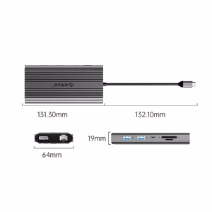 Orico XDR 12 viename USB-C prijungimo stotelė USB-A USB-C 2x HDMI 4K 60Hz DisplayPort 4K 60Hz RJ45 Gigabit PD 100W SD ir microSD kortelių skaitytuvas - pilka
