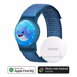 Beeep OneTag paieškos žymeklis su vaikiška apyranke ir Velcro užsegimu „Dolphin“, Apple Find My / Android