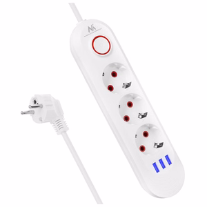 Maclean elektros paskirstytuvas, prailginimo laidas su 3 lizdais + 3xUSB, 110–240 V kintama srovė, 50/60 Hz, 2,1 A, maks. 2500 W, 1,5 m, baltas, MCE394 W
