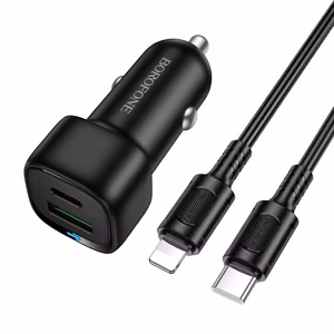 Borofone BZ34B Cloud car charger USB + Type-C QC 3.0 PD 38W with Type-C to Lightning cable black