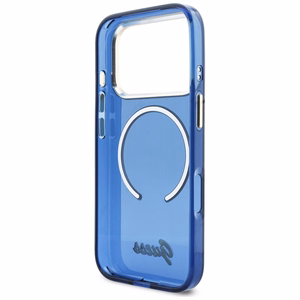 Guess IML Script Metal MagSafe Dėklas for iPhone 17 Pro - mėlynas