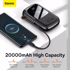 Baseus Qpow Pro 20000mAh išorinė baterija, USB + USB-C, PD 22,5W, su USB-C laidu (PPQD060301), juoda