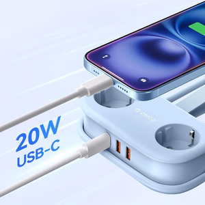 Orico AP3 20W GaN 5in1 удлинитель 2x AC + 2x USB-A + 1x USB-C - синий