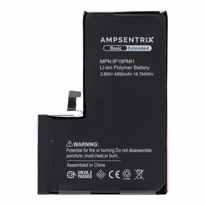 AmpSentrix Basic battery for iPhone 15 Pro Max (high capacity 4850 mAh)