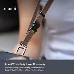 Moshi 2-in-1 veganiškos odos riešo ir per petį nešiojamas telefono dirželis su adapteriu, „Moss Green“ spalvos