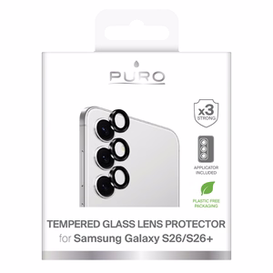Puro grūdintas stiklas galinei kamerai skirta Samsung Galaxy S26 ir S26 Plus su juodu rėmeliu