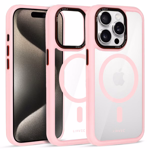 Liavec Hibridinis magnetinis skaidrus dėklas iPhone 15 Pro Max šviesiai rožinis