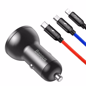 Baseus automobilinis įkroviklis 2x USB 4.8A 24W su LCD ekranu + 3in1 kabelis USB - USB Type C / micro USB / Lightning 1.2m juodas (TZCCBX-0G)