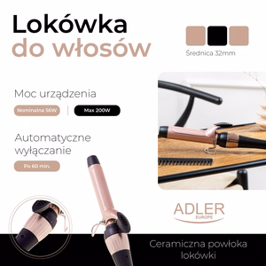 Adler AD 2118 – керамическая плойка, 32 мм, до 200 °C, 56 Вт, чёрно-розовая