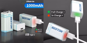 Baterija 9V (krona), įkraunama su USB-C lizdu, 1000mAh, Li-Ion