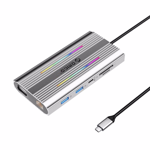 Orico XDR 12 viename RGB USB-C prijungimo stotelė USB-A USB-C PD 100W 2x HDMI 4K 60Hz VGA RJ45 Gigabit SD ir microSD kortelių skaitytuvas - pilka