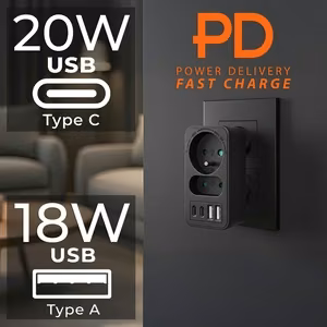 Maclean MCE249 F/B – разветвитель сетевой розетки, 2 розетки, 4 порта USB: 2×USB-A и 2×USB-C PD 20 Вт, 1×16 А + 1×6 А