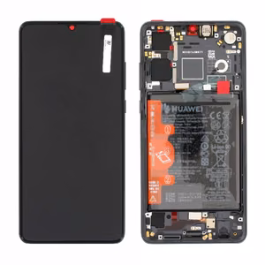 LCD ekranas Huawei P30 (nauja versija 2021) su lietimo ekranu, rėmeliu ir baterija juodas originalus (service pack)